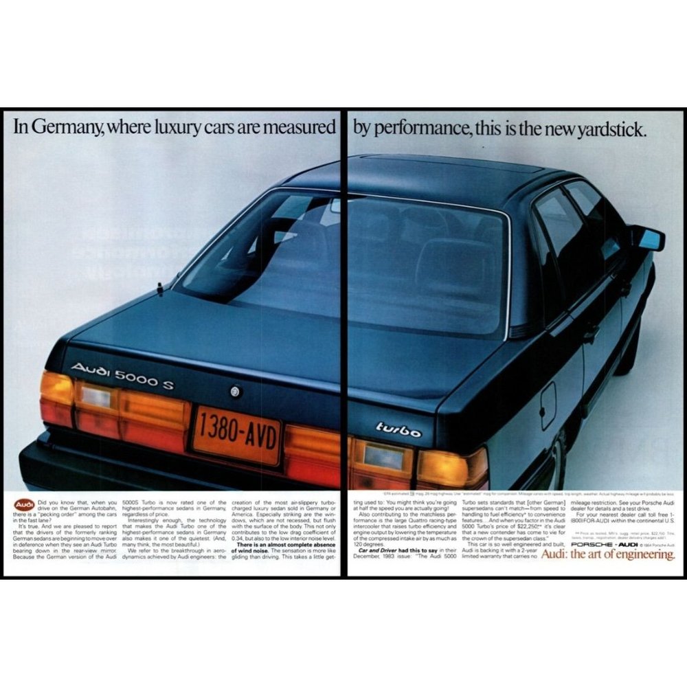 1984 Audi 5000S Turbo Luxury Sedan 2 Page Vintage Print Ad Taillights Wall Art